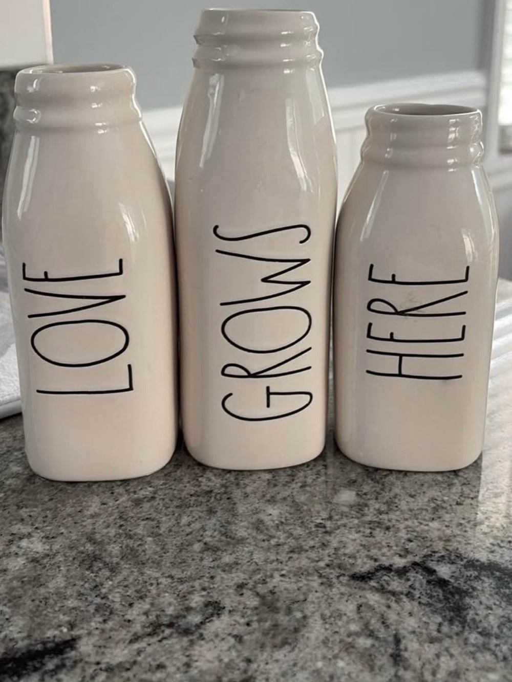 Rae Dunn Cream Ceramic 'Love Grows Here' Bottle Vases